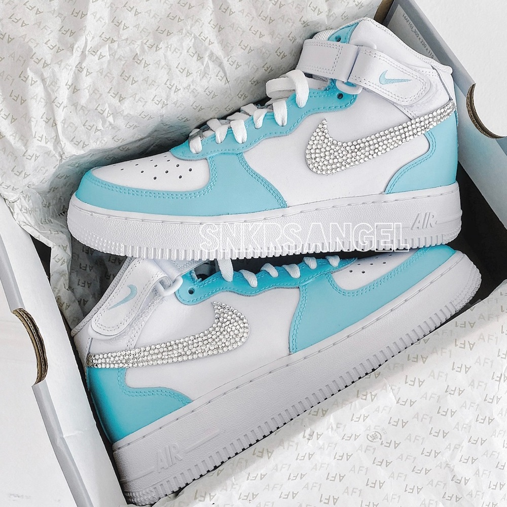 Nike crystal rhinestone tiffany blue sneakers air force 1 mid